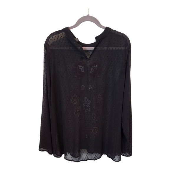 Boho Black Floral Embroidered Sheer Swiss Dot Blouse Top XL - Picture 9 of 14